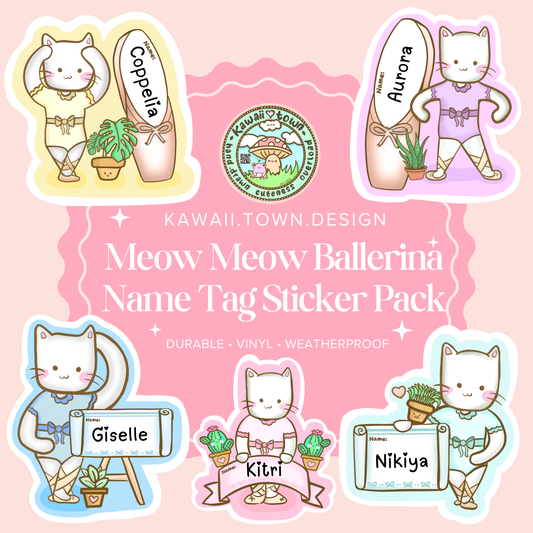 Meow Meow Ballerina Name Tag Sticker [Dance Shop-Whole Sale- 5 Packs] FREE SHIPPING